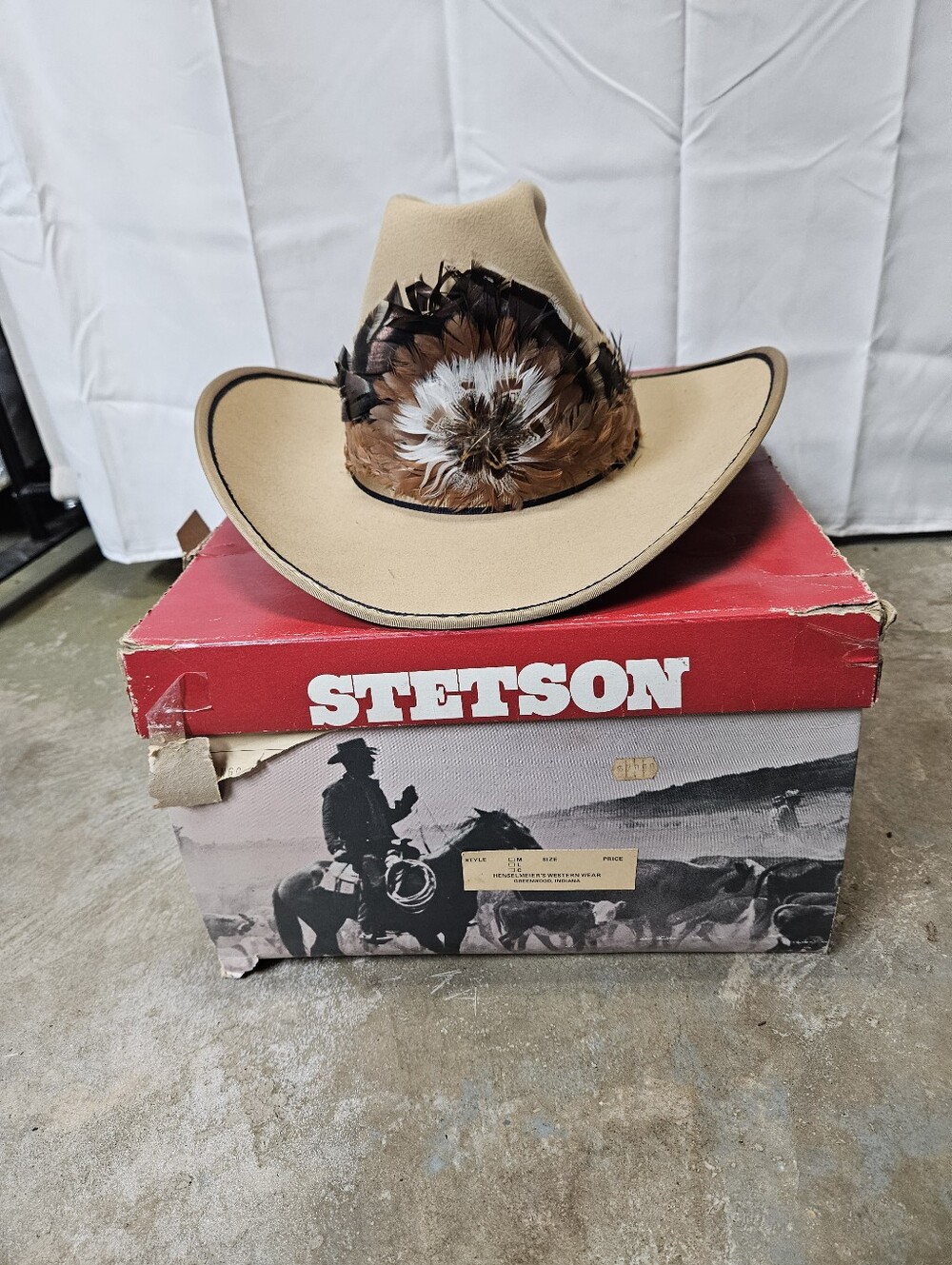 Stetson Beige Cowboy Hat with Feather Band Accent